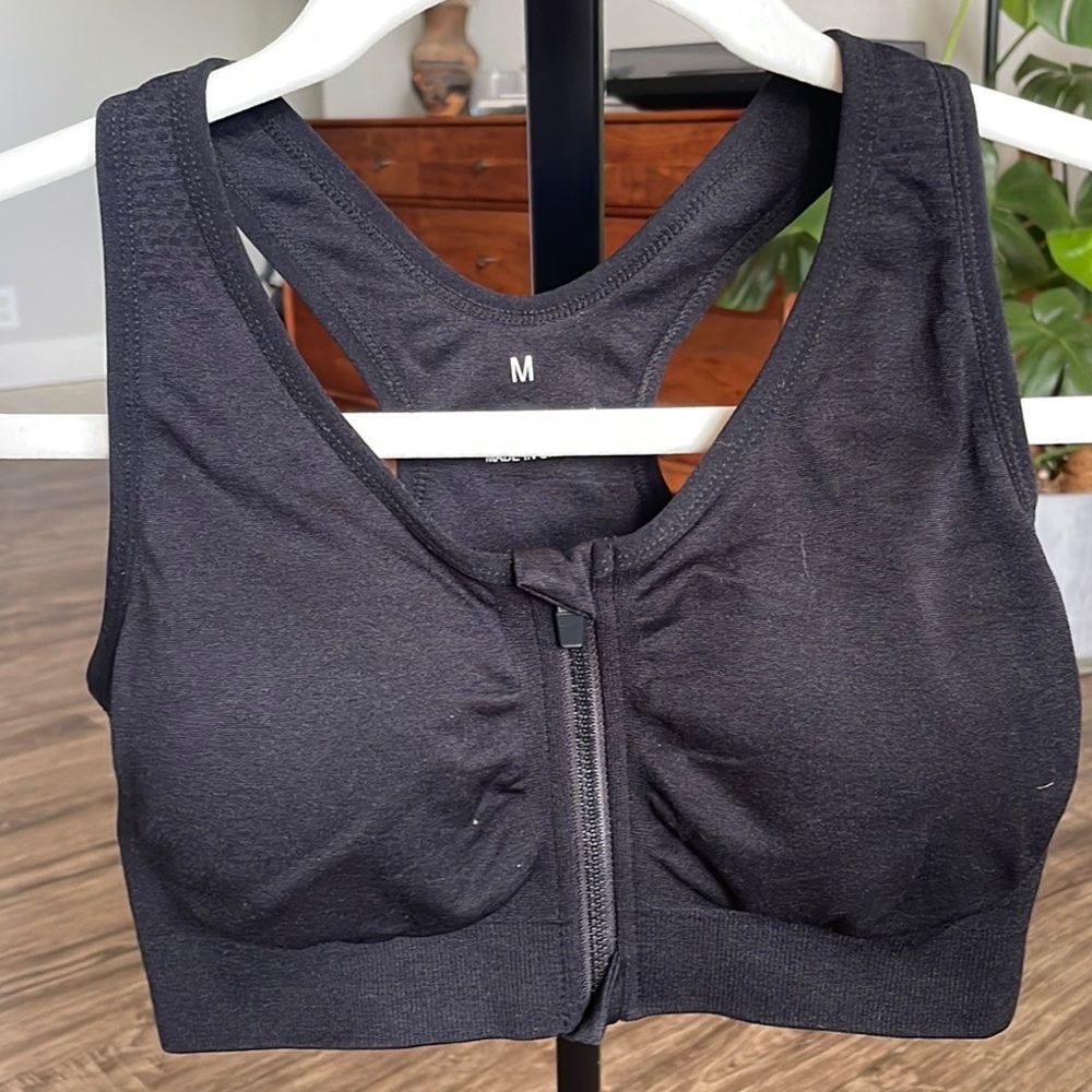 Black gray and white zip up sports bra Amazon